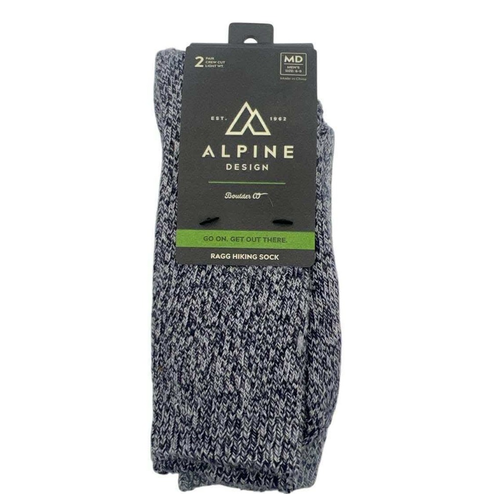 Alpine Design Ragg Hiking Socks 2 Pair Crew Cut Gray Wool Blend‎ Mens Medium